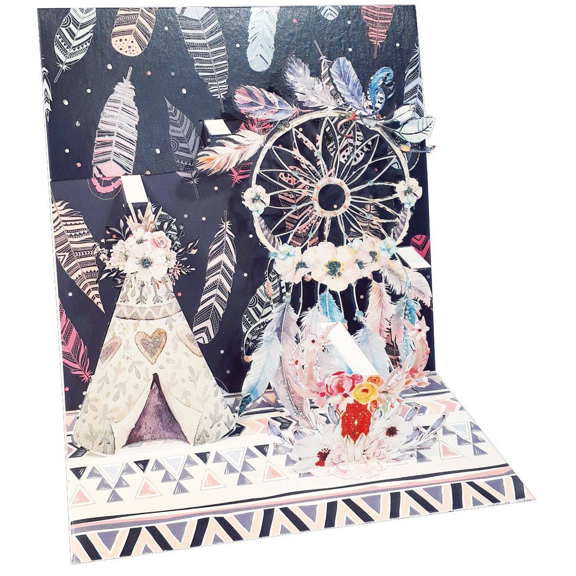 Large Dreamcatcher pop-up card by Pictura featuring intricate paper design and vibrant colors, displayed open with detailed craftsmanship.